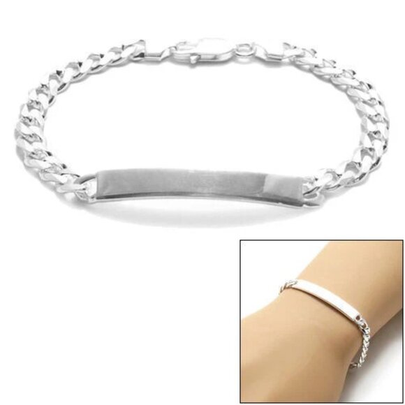 CLASSIC 7MM (180 GAUGE) STERLING SILVER CUBAN LINK ID BRACELET ENGRAVABLE PLATE - Picture 1 of 4